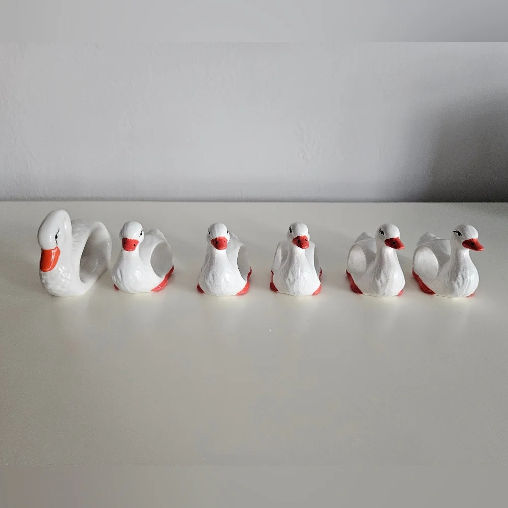 Swan & Ducks White Ceramic Napkin Rings x 6
